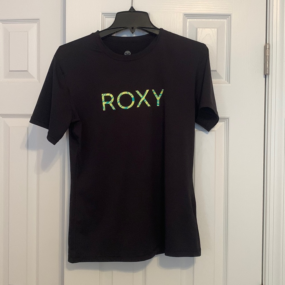 Roxy Black Swim Tee with Iridescent Green Logo Size L